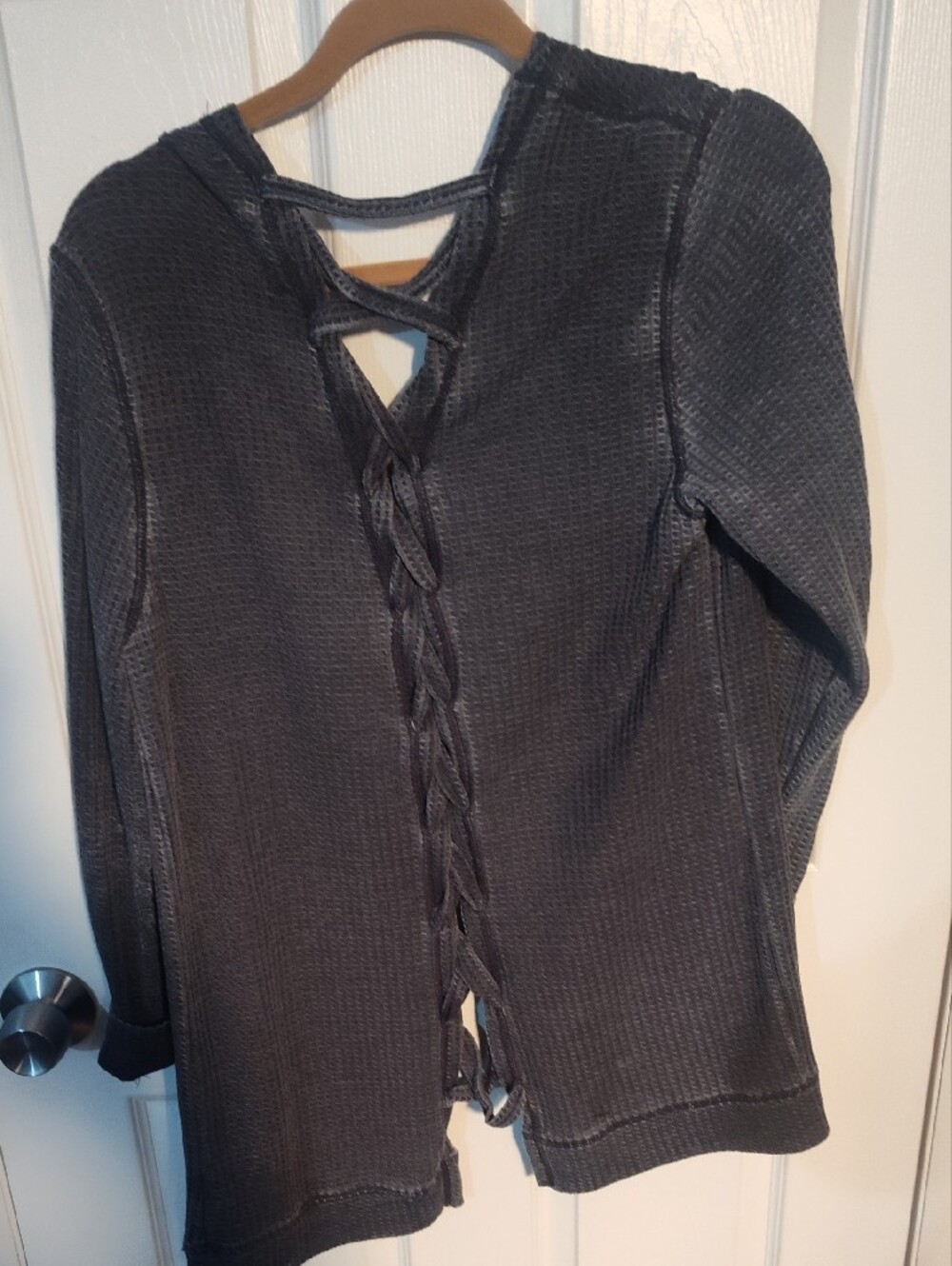Vanilla Star Charcoal Gray Waffle Knit Open-Front Cardigan with Lace-Up Back - Picture 3 of 3